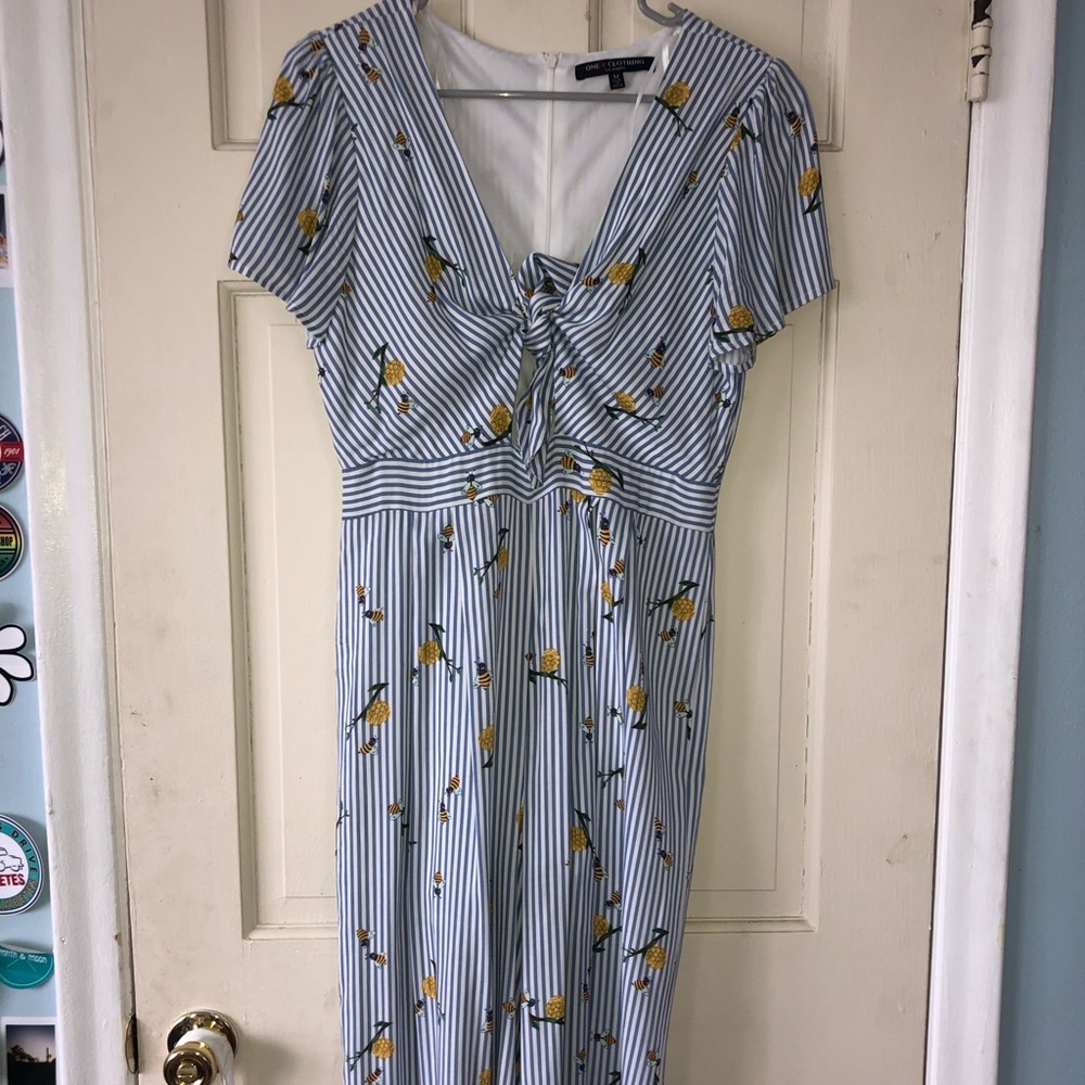 Blue and white striped bumble bee jumpsuit